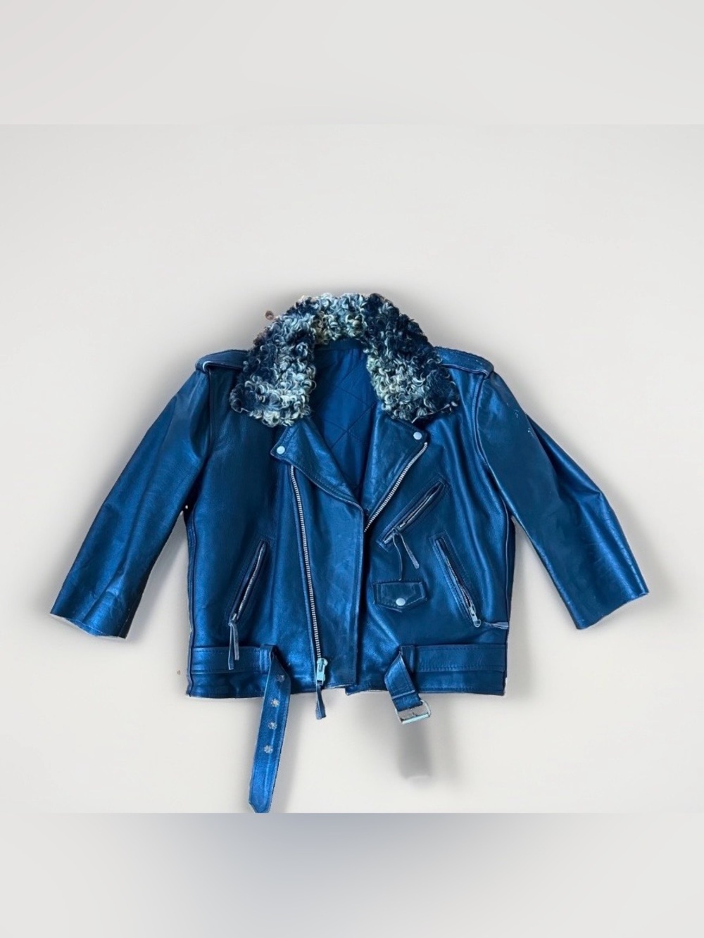 Leather Jacket Vintage Customized with Genuine Fur Collar and Hand Painting